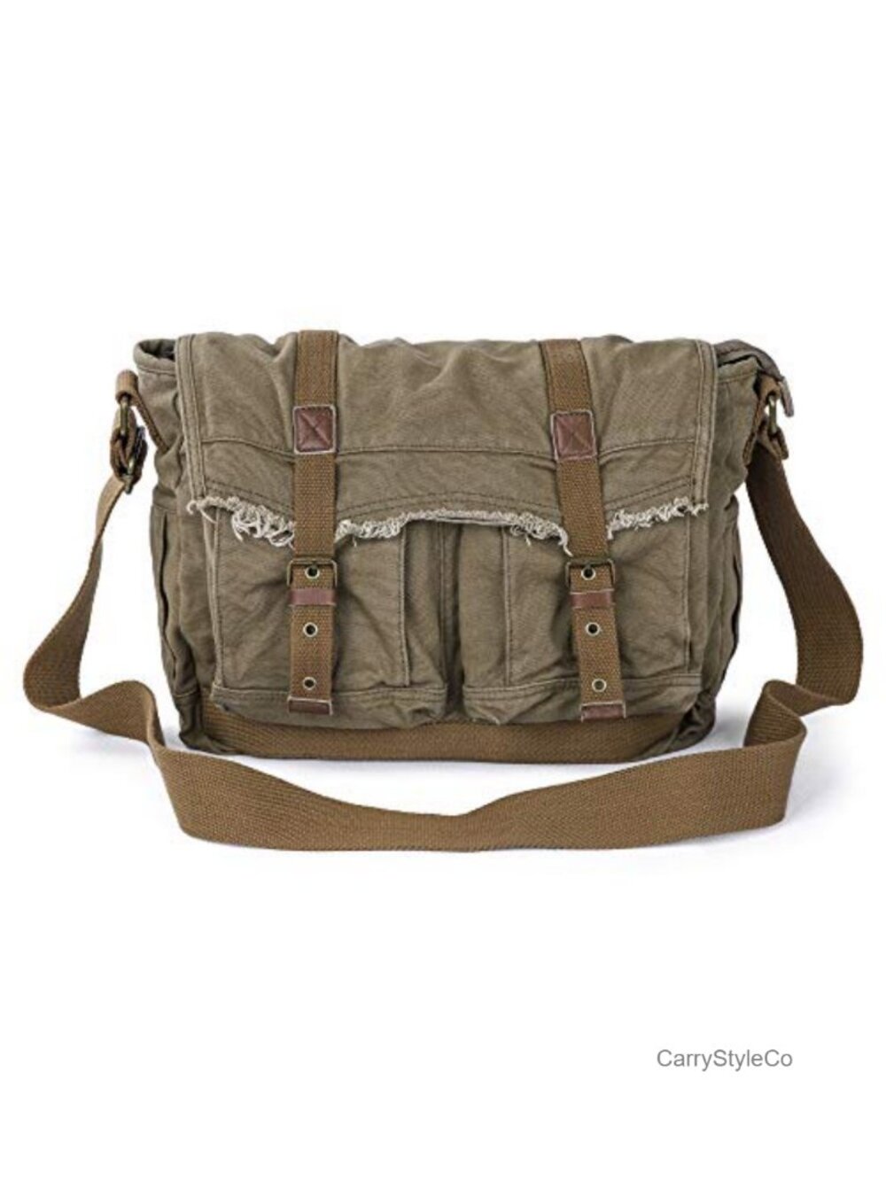 Vintage Canvas Messenger Bag - Frayed Boho Shoulder Bag, Heavy-Duty, Leather
